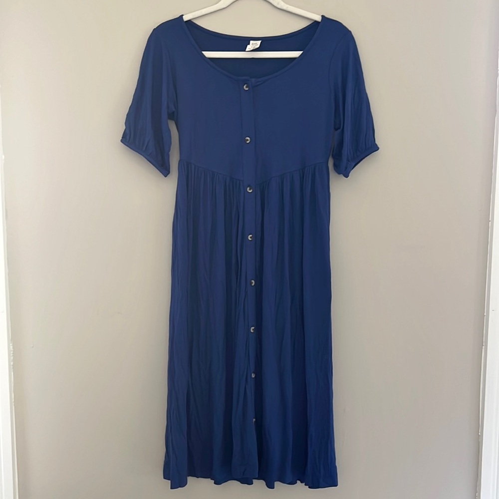 kate quinn navy blue button-front midi dress